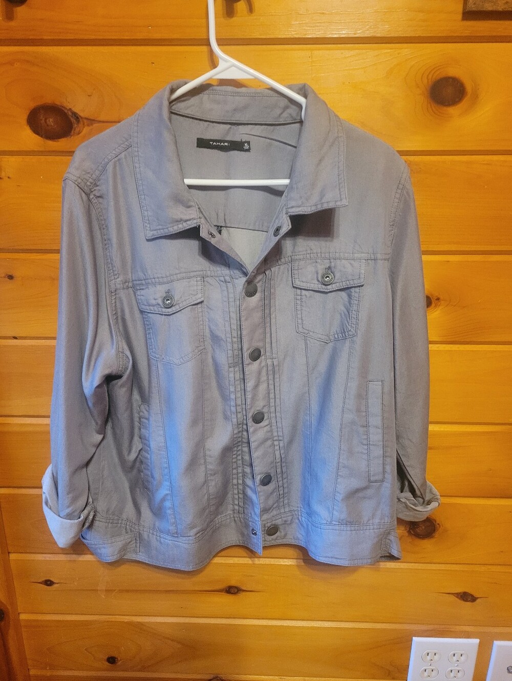 Tahari Jacket Womens XL Gray Button Front Trucker Lightweight Lyocell